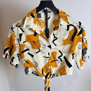 SHEIN Abstract Print Button-Up Tie Front Top